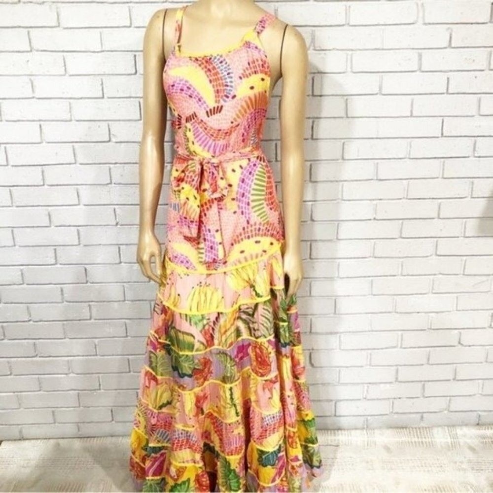 Farm Rio Mixed Pink Prints Maxi Dress Tropical Banana Tiered Halter Multi S - Picture 6 of 16